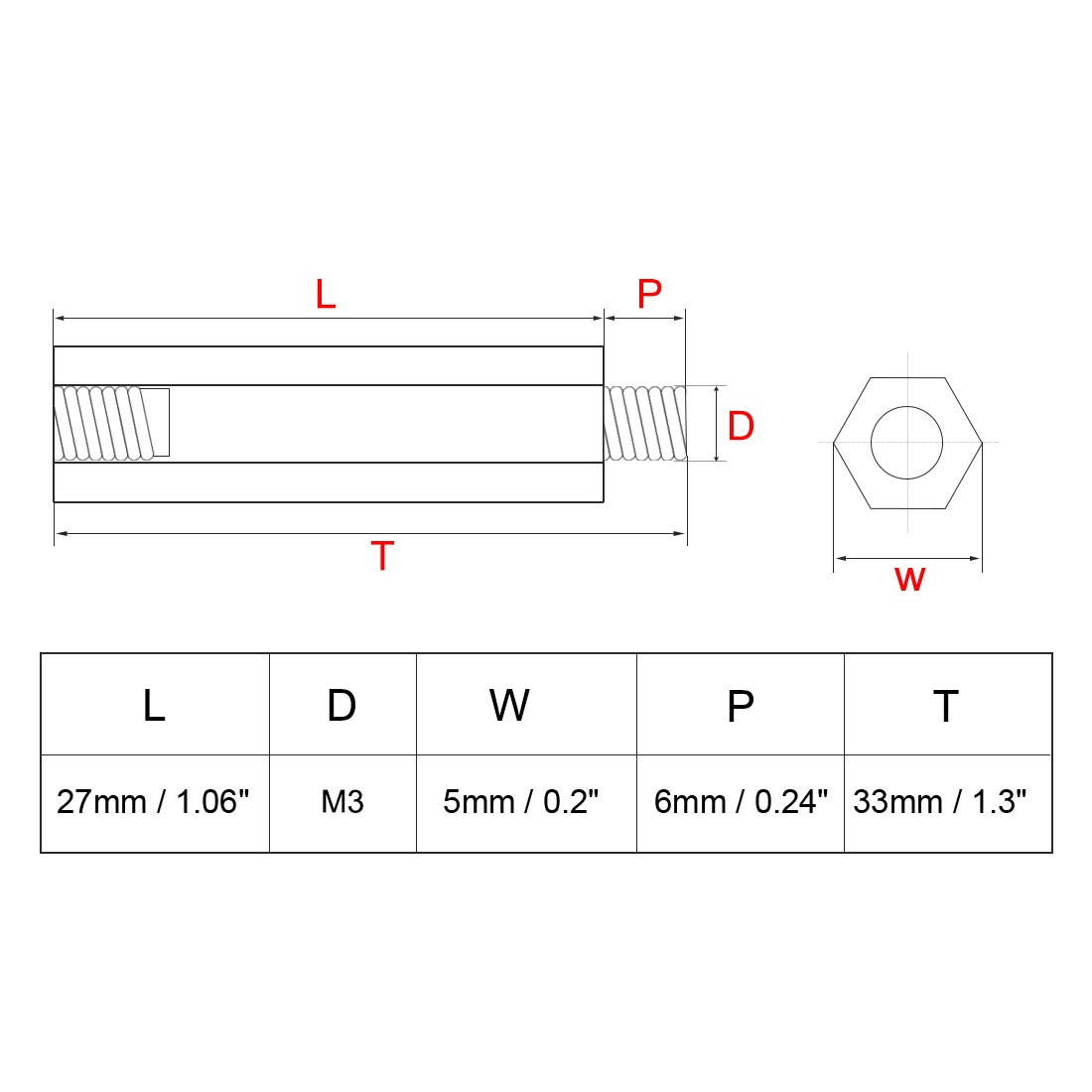 100pcs M3 27+6mm Female Male Thread Brass Hex Standoff Spacer Screws PCB Pillar