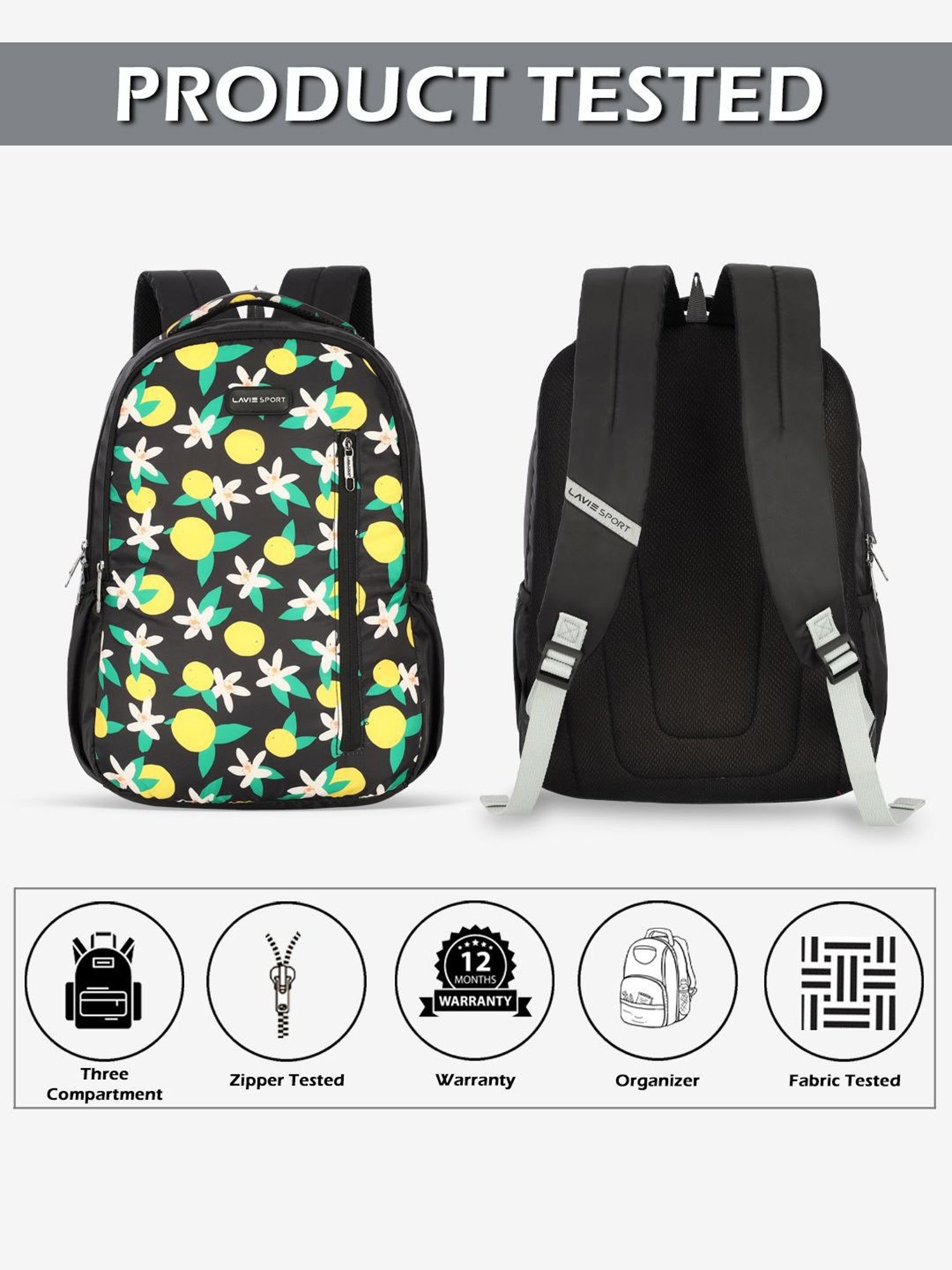Lavie Sport Lime 26L Floral Printed School Backpack for Girls (Black)
