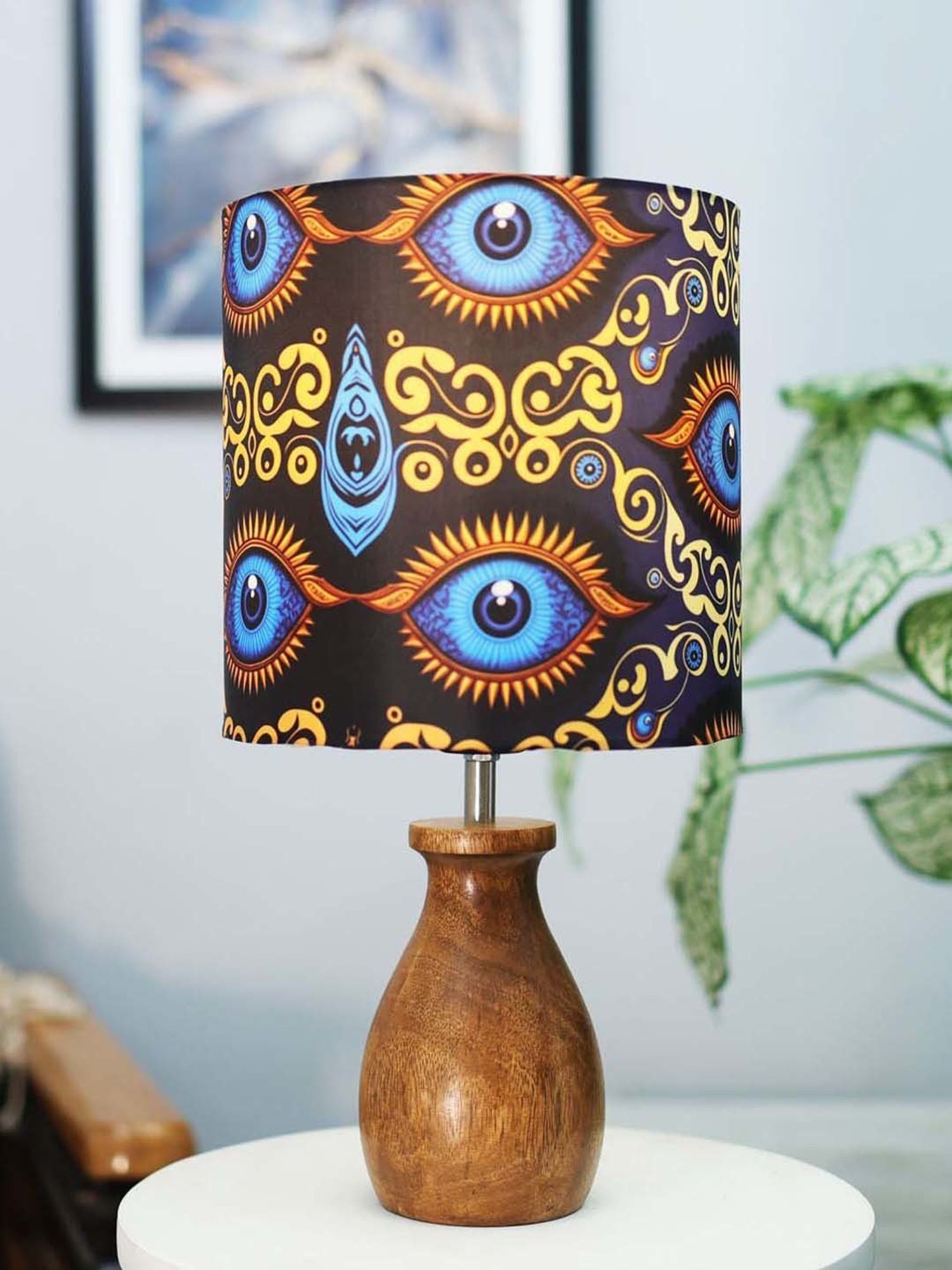 Homesake Beauty in Eye Multicolor Wood Dovel Pot Table Lamp with Fabric Lampshade