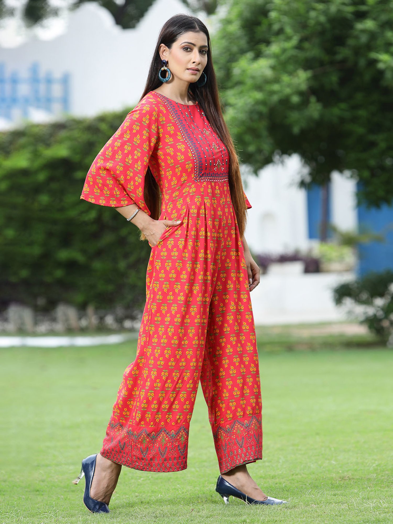 Juniper Coral Ethnic Motif Printed Rayon Flared Jumpsuit