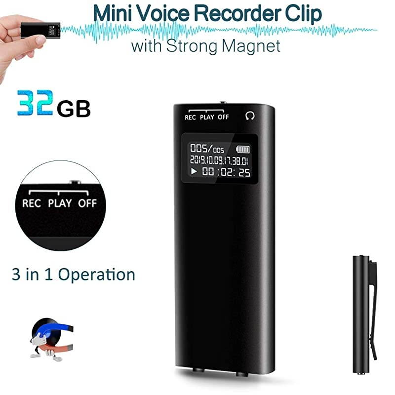 Mini Voice Recorder,  32GB Voice Activated Recorder, 2400 Hours Recordings Capacity, 26 Hours Battery Life, Audio Sound Recording Device for Lectures, Meetings - Strong Magnet, Back Clip
