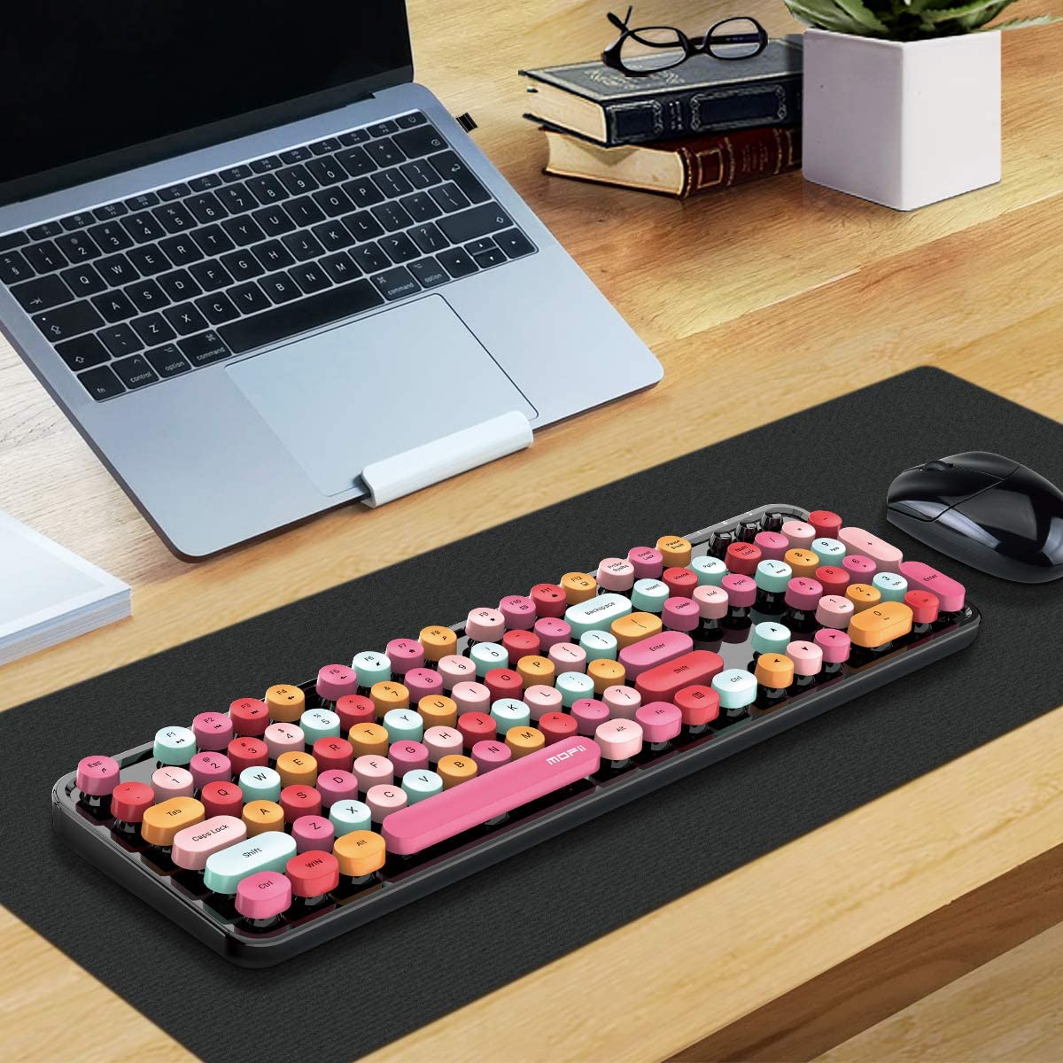 MOFII Wireless Keyboard and Mouse Combo, 2.4G Cute Round Girl Lipstick Retro Round Cap Keyboard Mute Keyboard Mouse Set for Laptop, Computer, Mac (Mixed Color)