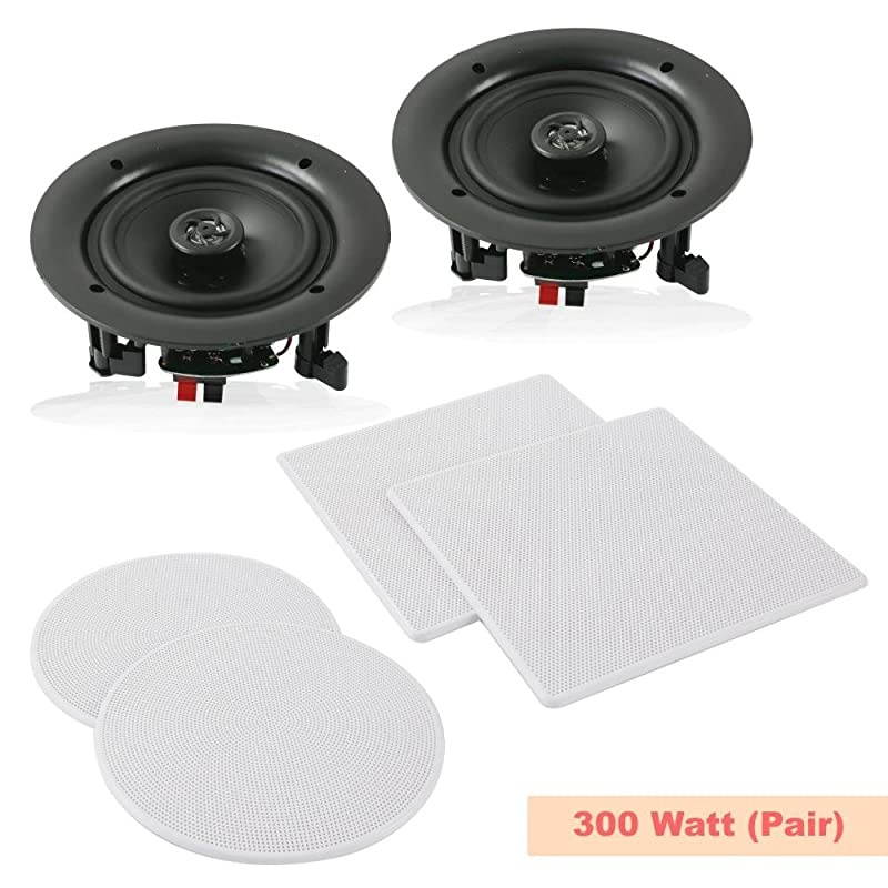 Pair 10 Flush Mount inWall inCeiling 2Way Speaker System Spring Loaded Quick Connections Changeable RoundSquare Grill Stereo Sound Polyprone Cone Polymer Tweeter 300 Watts PDIC16106