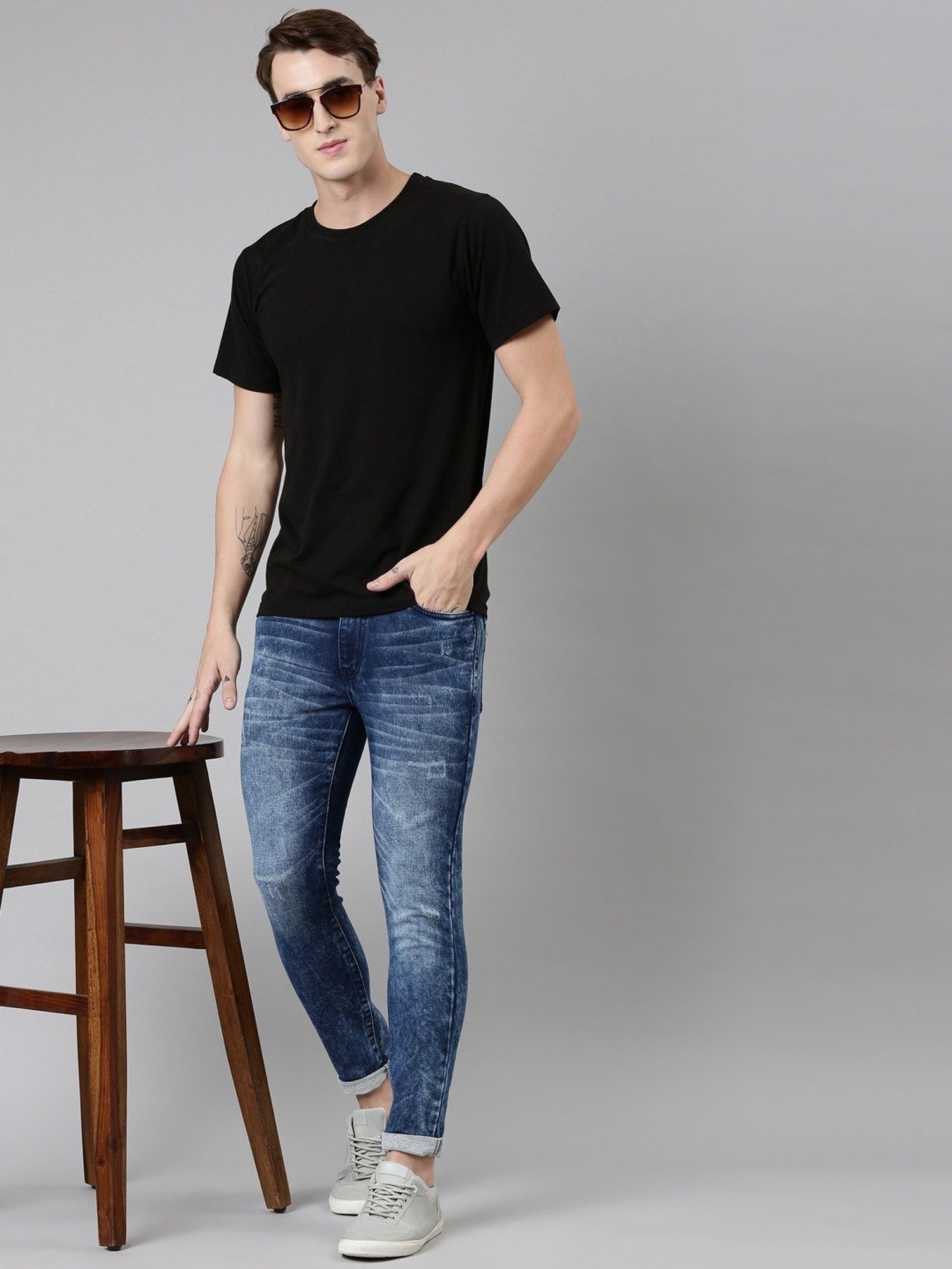 CINOCCI Blue Cotton Slim Fit Distressed Jeans