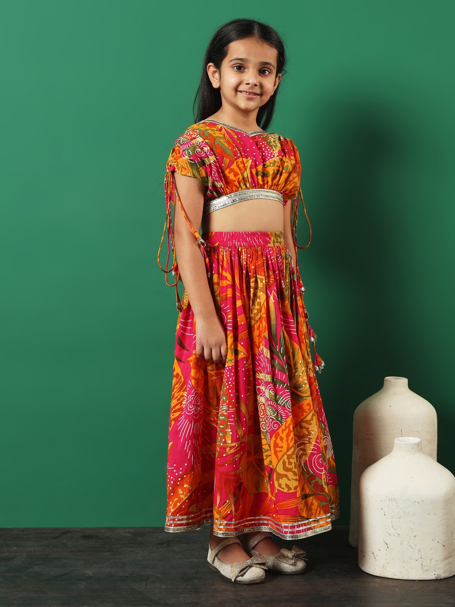 READIPRINT FASHIONS Kids Pink & Yellow Printed Lehenga with Choli