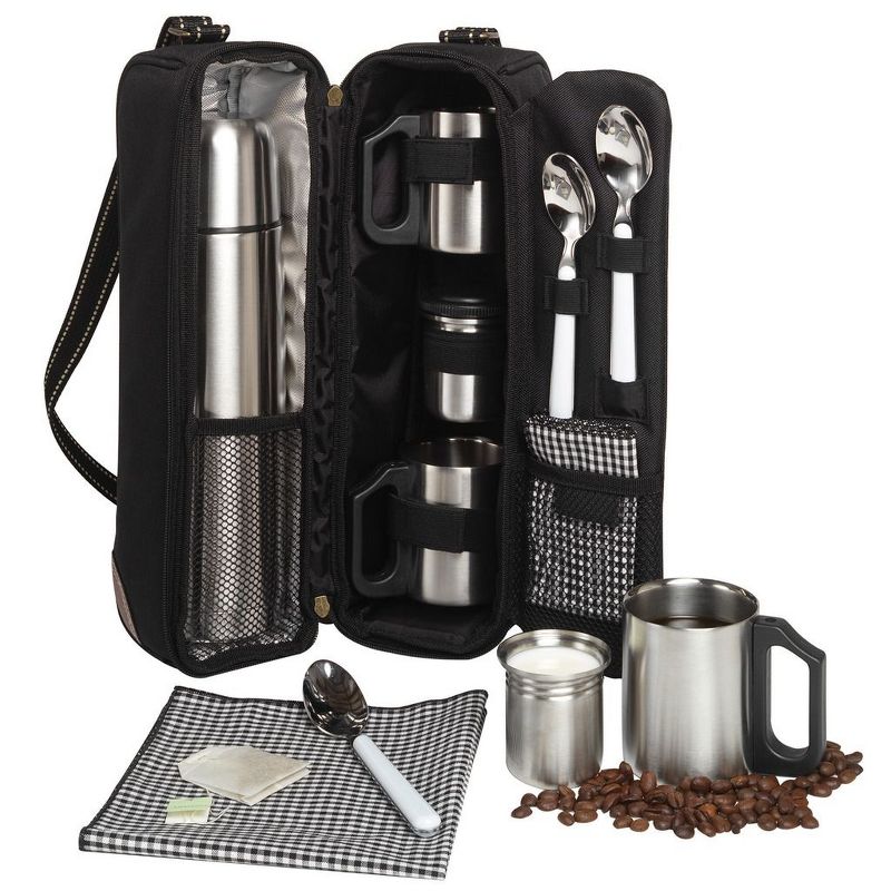 Picnic at Ascot - Deluxe Vienna Travel Coffee Tote for 2 Including Stainless Vacuum Flask, Cups, Creamer and Teaspoons