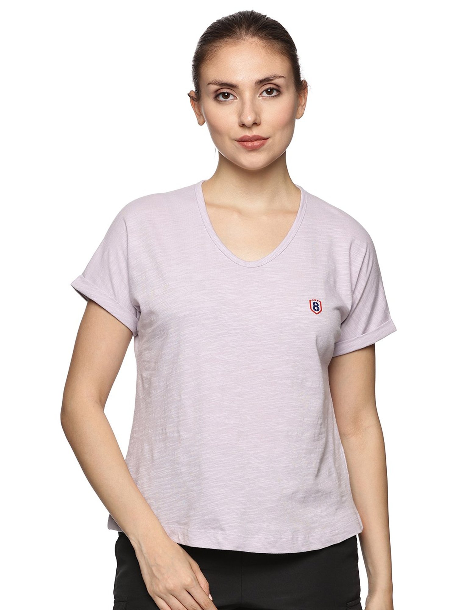 Domin8 Women 100% Organic Cotton U-Neck Mega Sleeve Sports Lilac T-Shirt