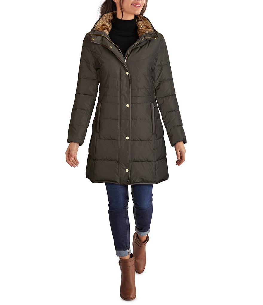 Kenneth Cole New York Short Water-Resistant Stand Collar Hooded Long Sleeve Chevron Puffer Jacket