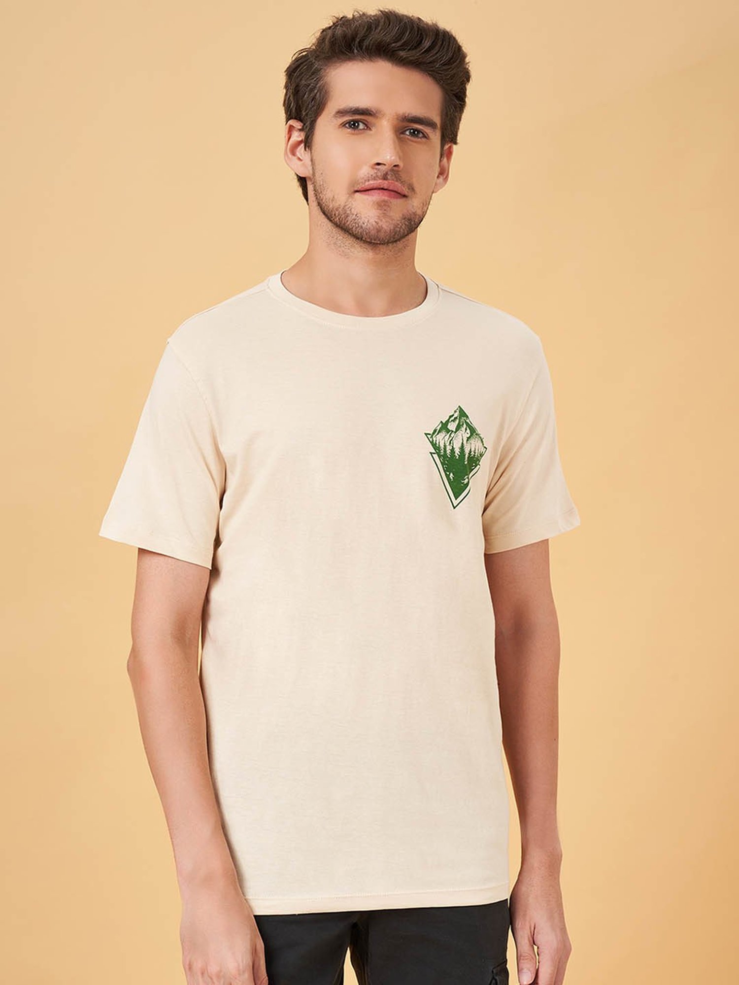 Urban Ranger by Pantaloons Beige Cotton Slim Fit Printed T-Shirt