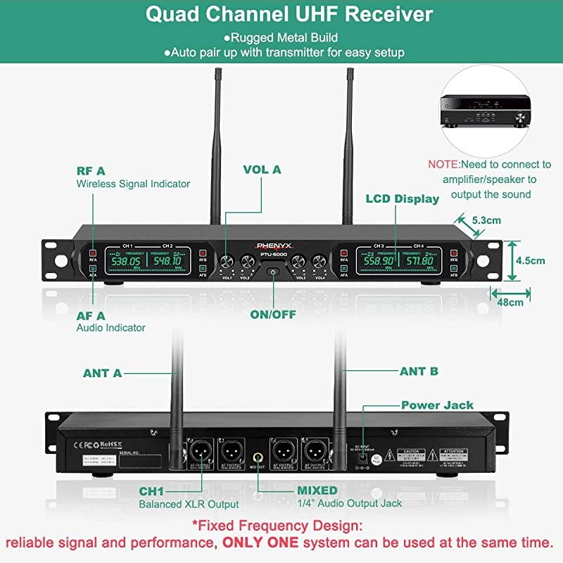 Wireless Microphone System,  4-Channel UHF Cordless Mic Set with Handheld/Lapel/Headset/Bodypack, Rugged Metal Build, Fixed Frequency, Long Range, Ideal for Church,Karaoke,Events(PTU-5000B)