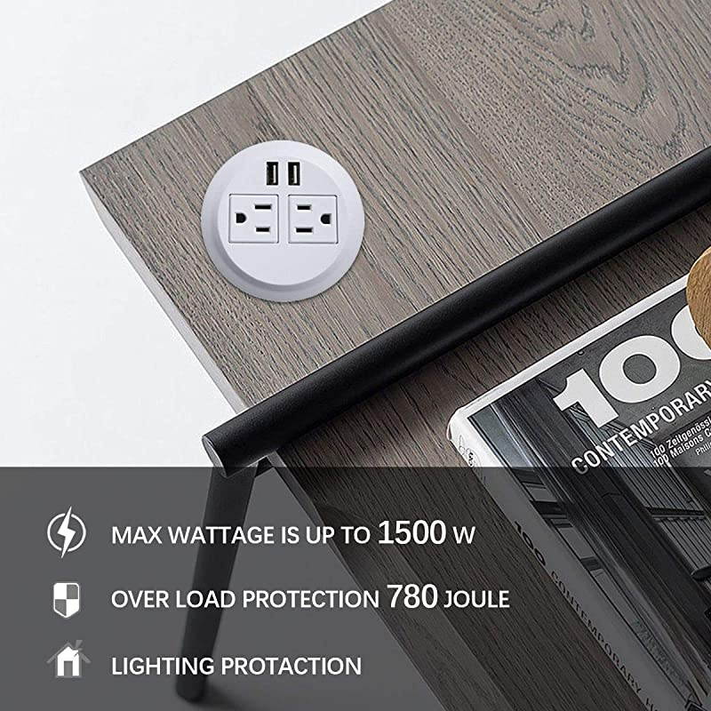 Grommet Desktop Outlet 2 US Plugs amp 2 USB Ports for Computer DeskTable Kitchen OfficeHomeHotel and More white