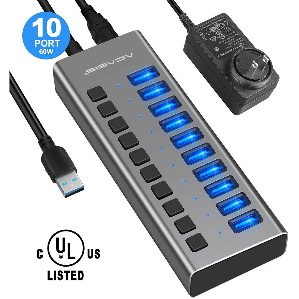 Powered USB Hub - 10 Ports 48W USB 3.0 Data Hub - with Individual On/Off Switches and 12V/4A Power Adapter USB Hub 3.0 Splitter for Laptop, PC, Computer, Mobile HDD, Flash Drive and More