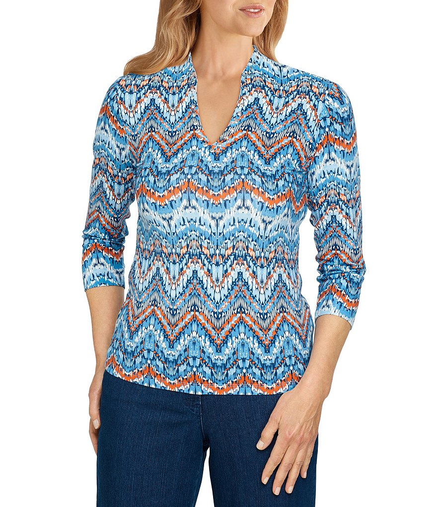 Ruby Rd. Petite Size Embellished Split V-Neck Texture Chevron Print 3/4 Sleeve Top