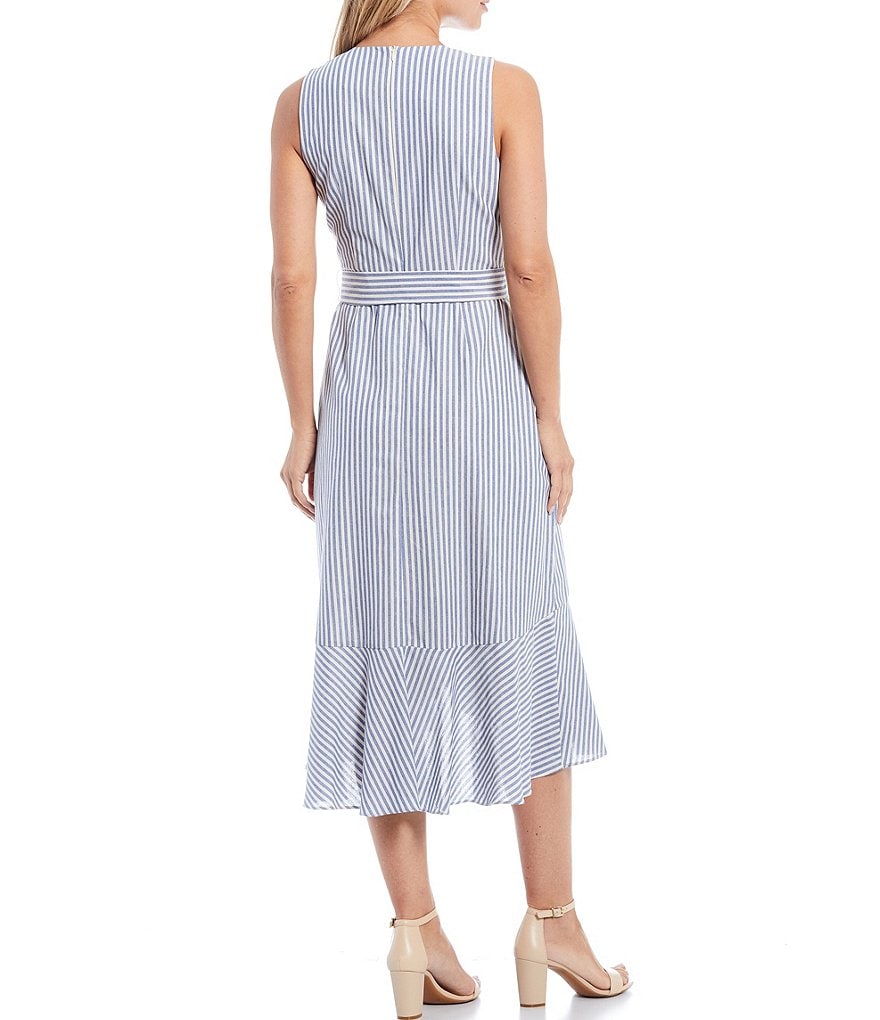 Jessica Howard Striped Wrap Cascade Ruffle Belted Midi Dress
