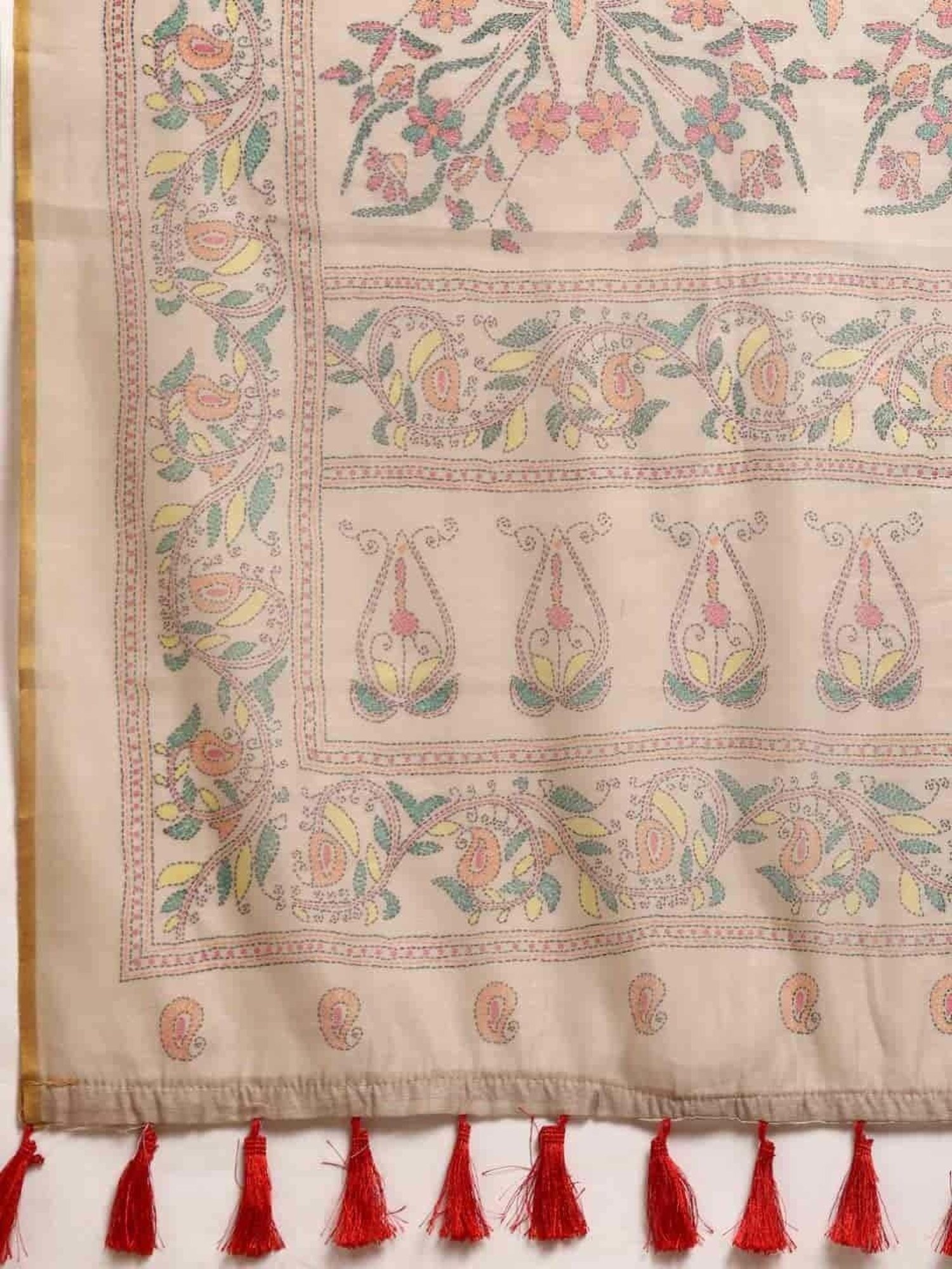 Silk Land Beige Printed Saree With Unstitched Blouse
