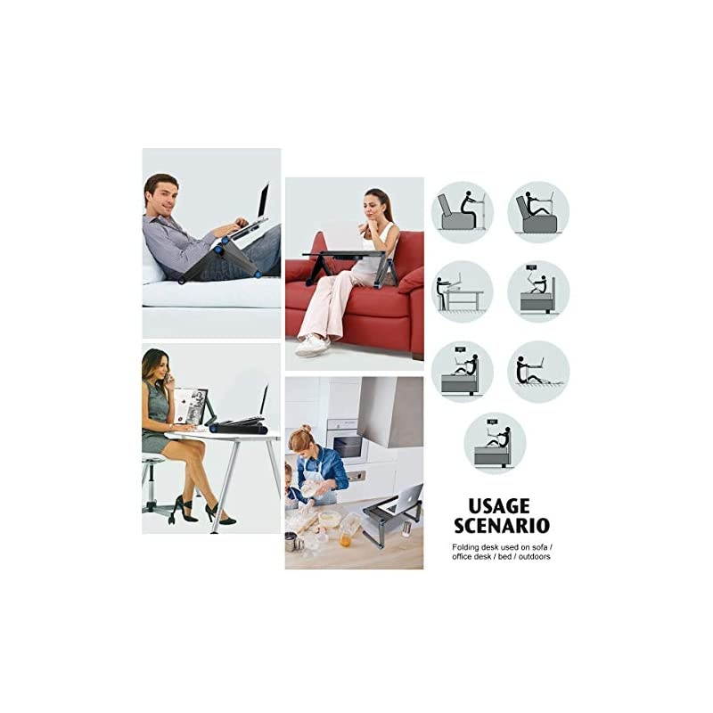 Aluminum Laptop Stand Adjustable with Cooling Fan and Mouse Pad Reinforced Ergonomic Lap Desk Foldable Portable Computer Table for Bed Sofa Couch Office Extra Wide Tray 19 Black