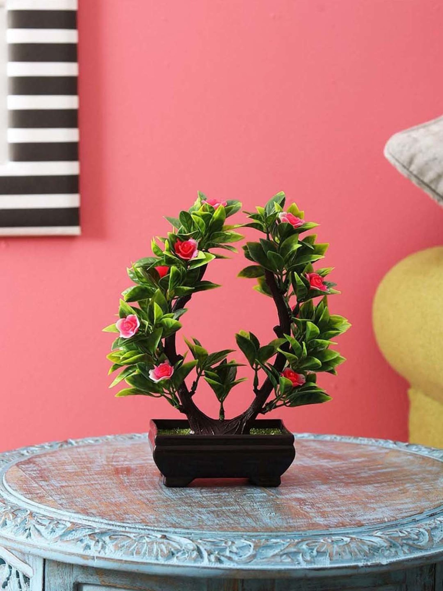 Foliyaj Multicolor Plastic Artificial U Shaped Bonsai Tree With Leaves And Roses