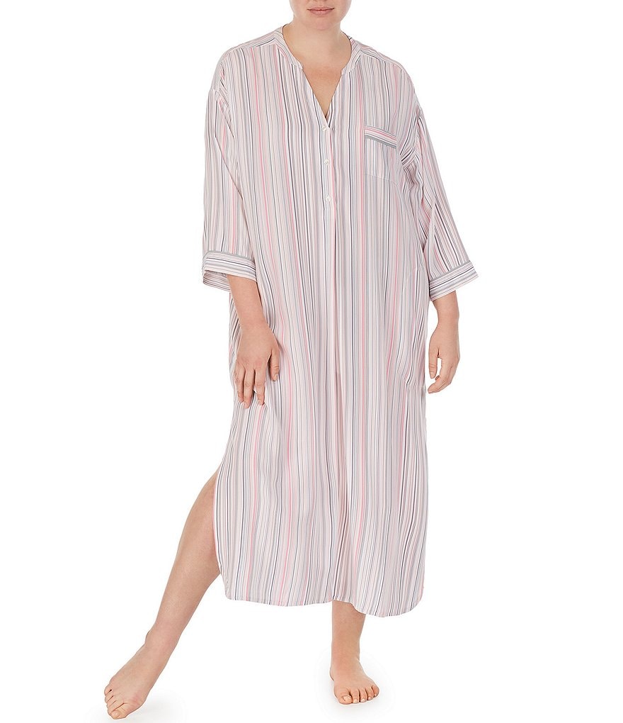 Donna Karan Plus Striped Print Woven Split V-Neck Long Sleepshirt