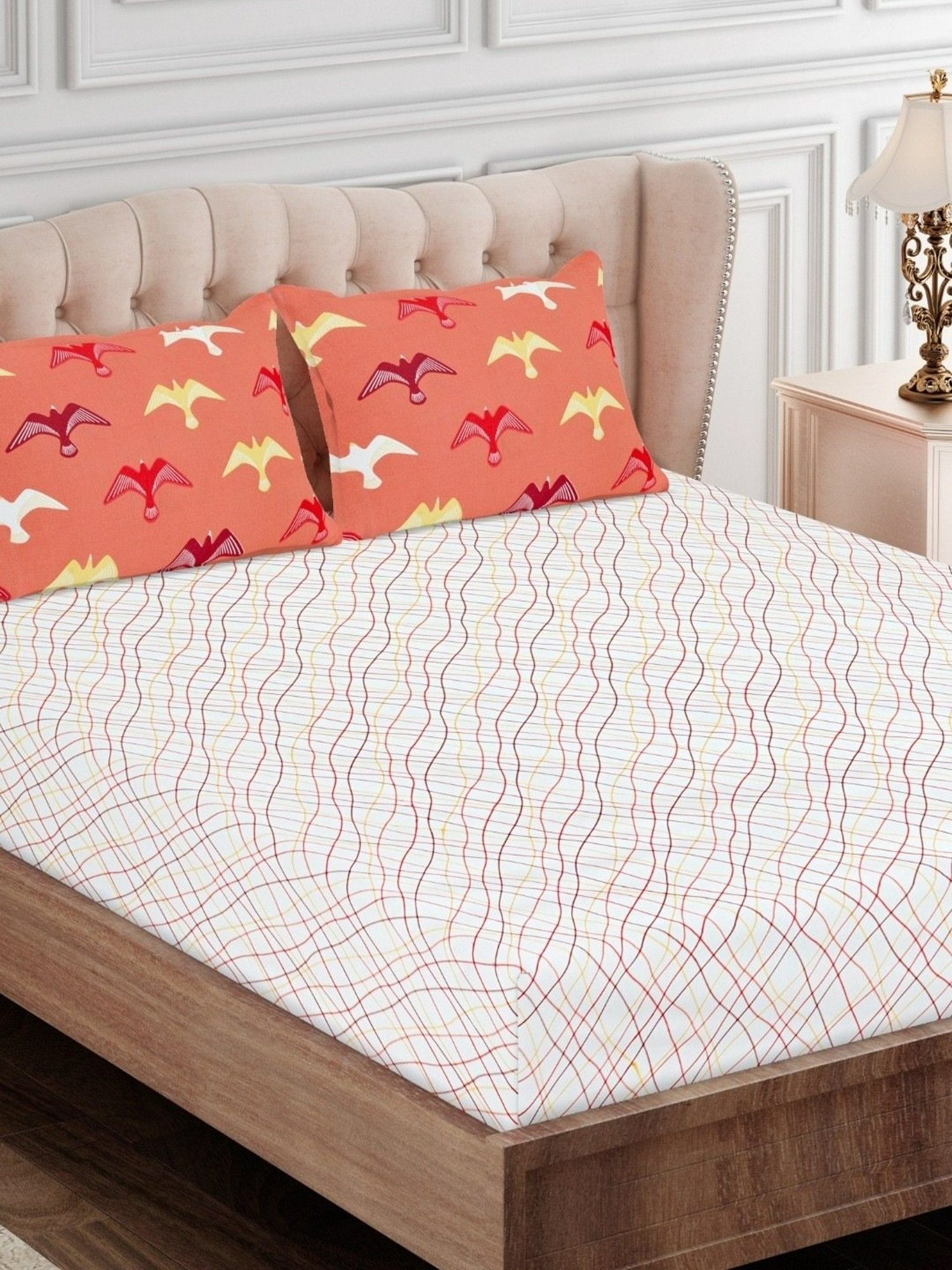 SEJ by Nisha Gupta Geometric Red 160 TC Cotton King Bed Sheet with 2 Pillow Covers