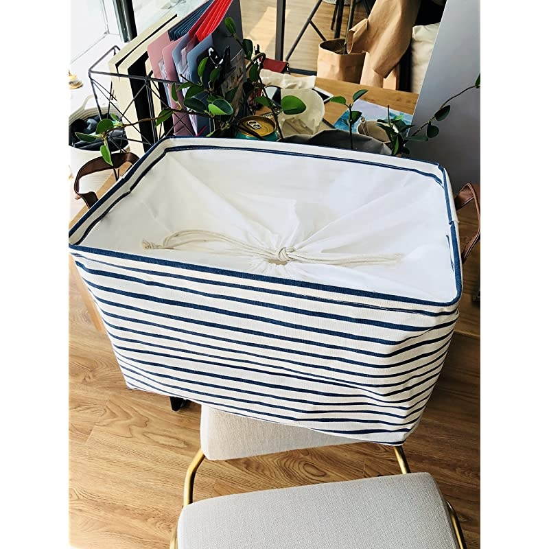 15Inches Large Storage Basket Available 15 and 17 InchesWidth Drawstring Square Cotton Linen Collapsible Toy Basket Navy Blue M