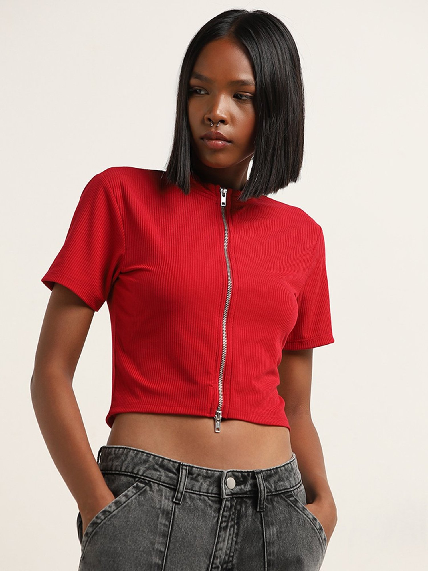 Nuon by Westside Red Ribbed Textured T-Shirt