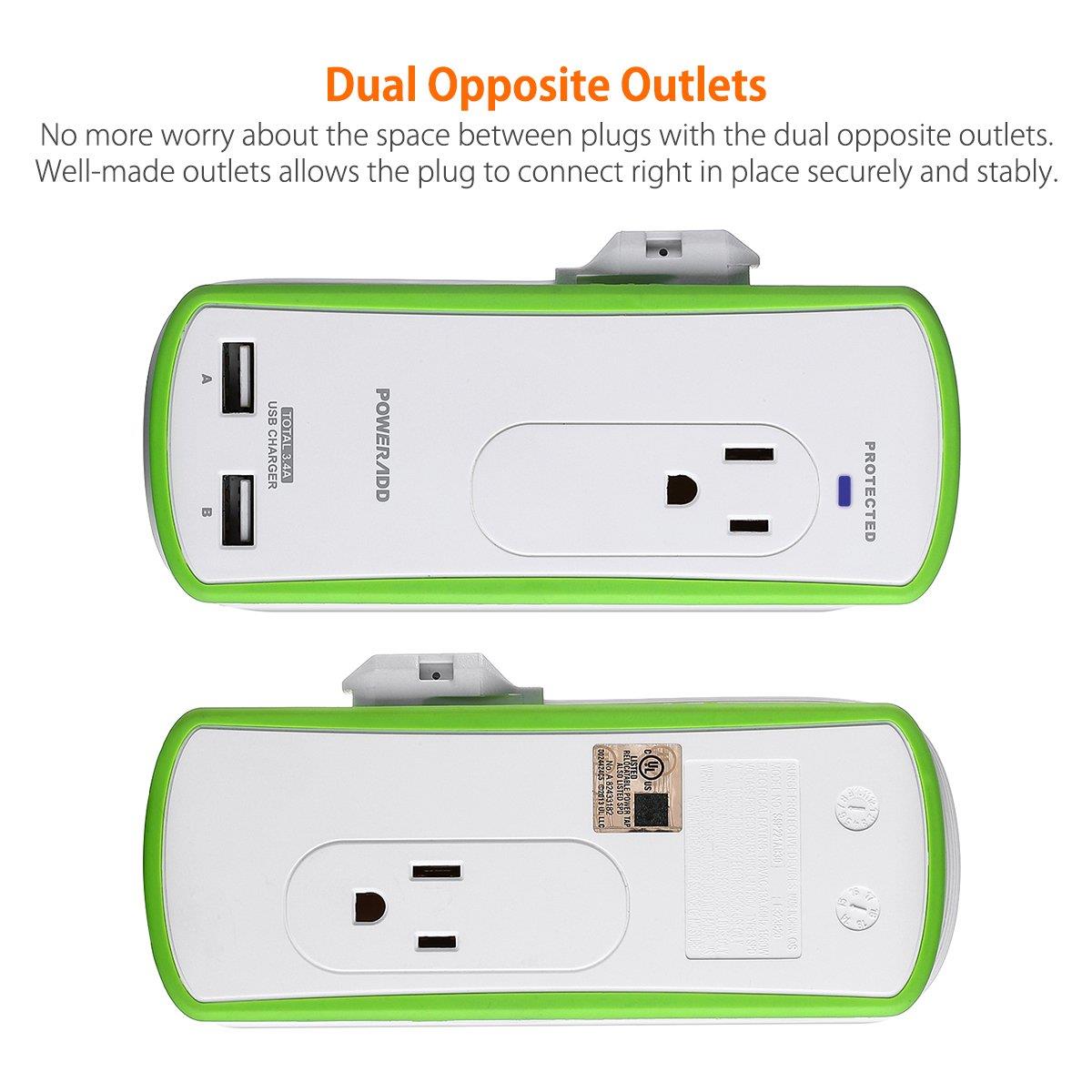 Poweradd 2-Outlet Mini Portable Travel Surge Protector with Dual 3.4A Smart USB Ports, Wrapped Cord Design - UL Listed