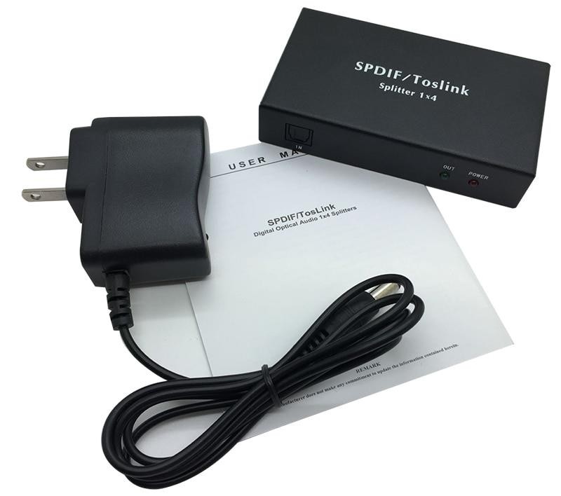 Optical Spdif Splitter 1X4, toslink splitter 1X4 with power adaptor, 4 ports optical splitter (One Input 4 Outputs)