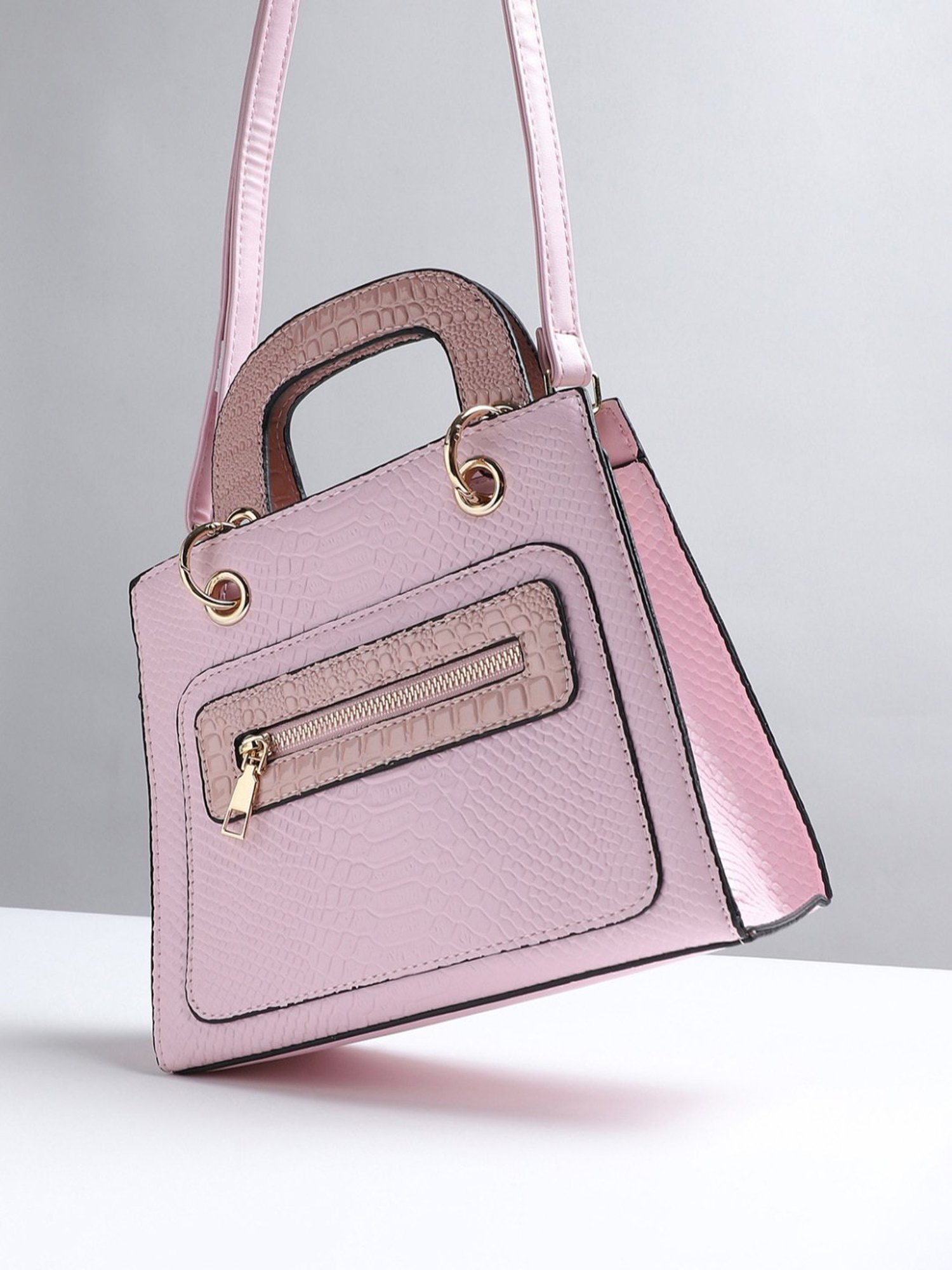 HauteSauce Light Pink Croc Textured Medium Leather Handheld Handbag