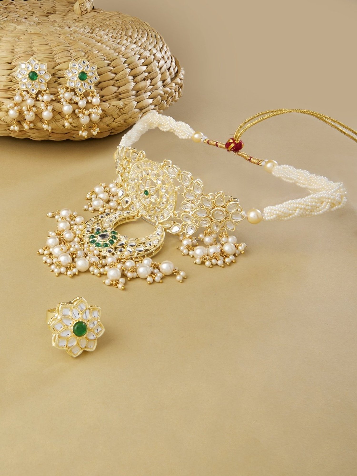 Zaveri Pearls Green Kundan & Pearls Traditional Choker Necklace Earring & Ring Set-ZPFK13196