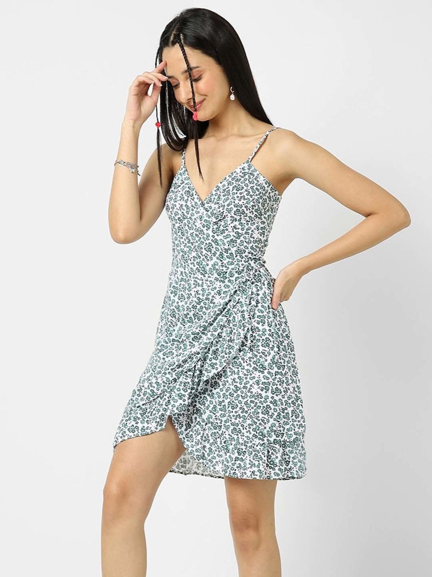 VASTRADO Green Floral Print A-Line Wrap Dress