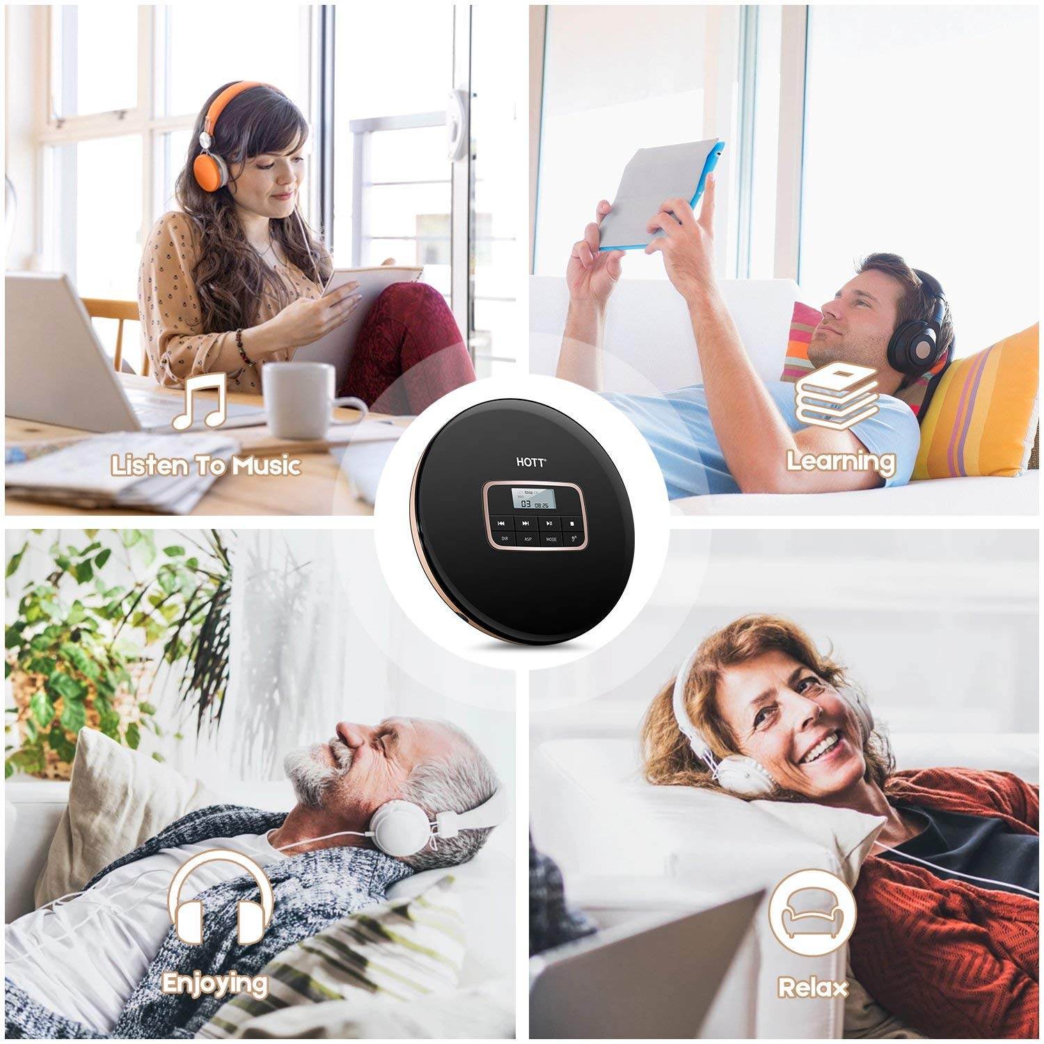 Portable CD Player HOTT Personal Compact Disc Player LCD Display with Stereo Earbuds Electronic Skip Protection Anti-Shock Function Black