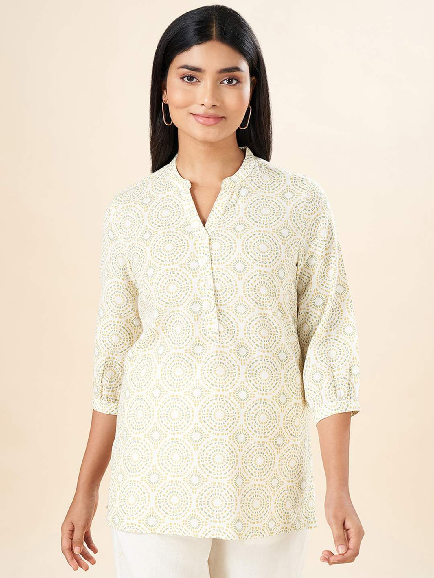 Akkriti by Pantaloons Beige Cotton Printed Tunic