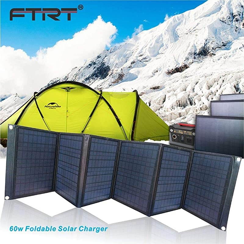 Charger 60W Foldable Panel Portable Battery Charger Kit with Dual 5V USB Ports for Cell Phone Power Bank DC18V Output for Laptop Tablet DC12V for Car motorcycles Boat RVs Charge Battery