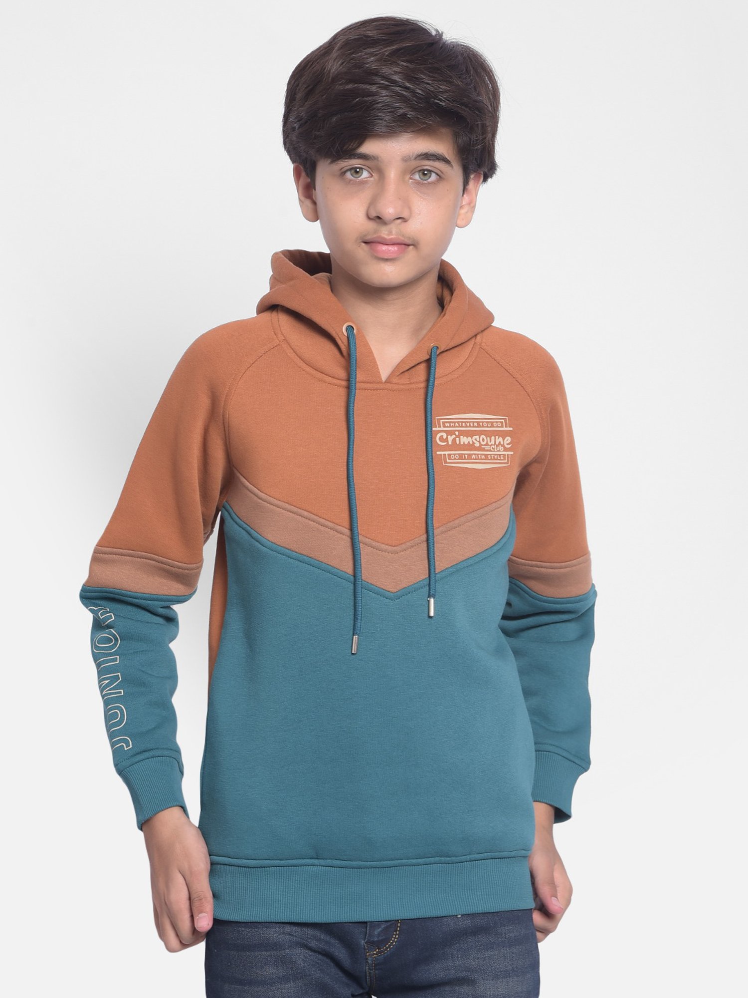 Crimsoune Club Kids Orange & Teal Color Block Full Sleeves Sweatshirt