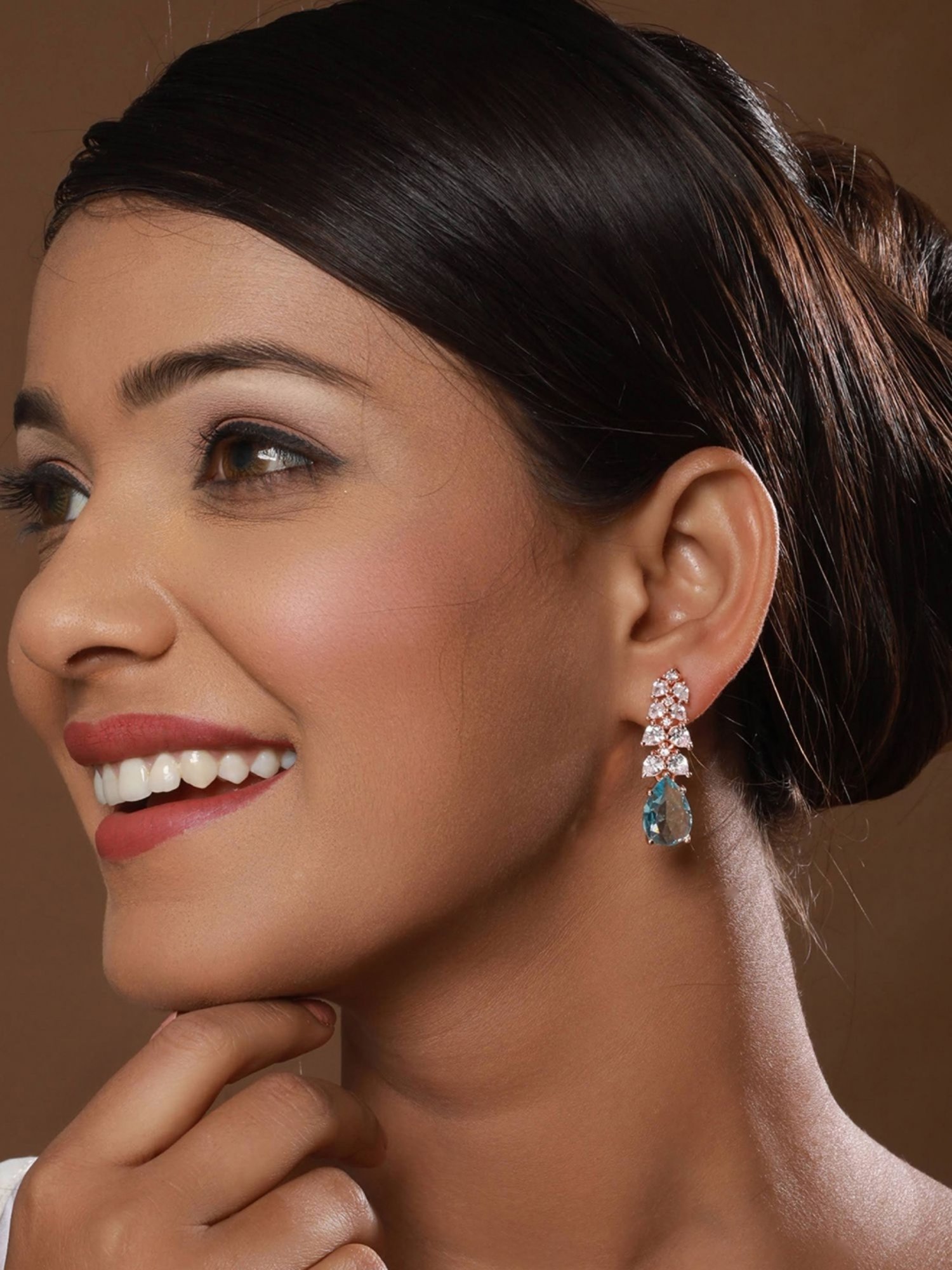 Aatmana Rose Gold-Plated & Octa Blue AD-Studded Handcrafted Teardrop Earrings for Women