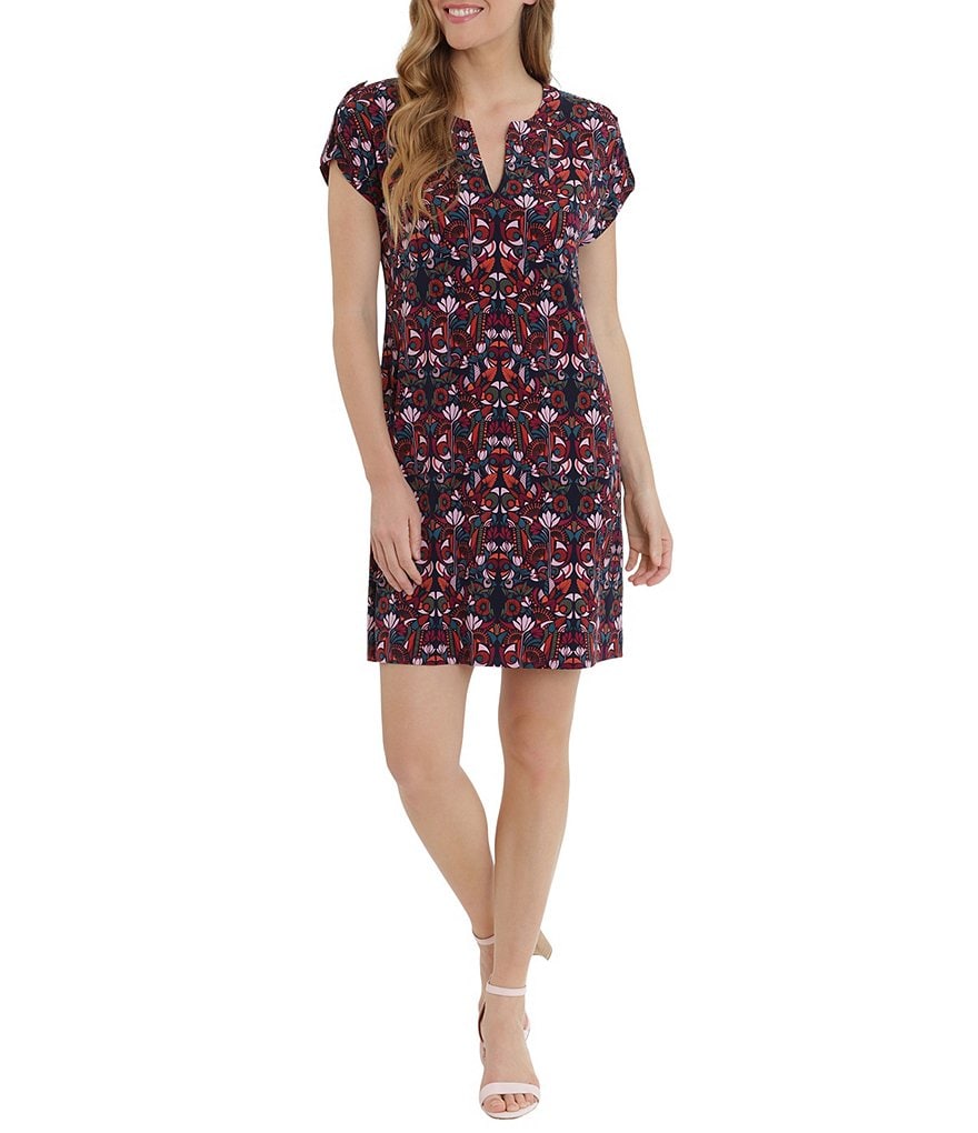 London Times Petite Size Split Neck Printed Shift Dress