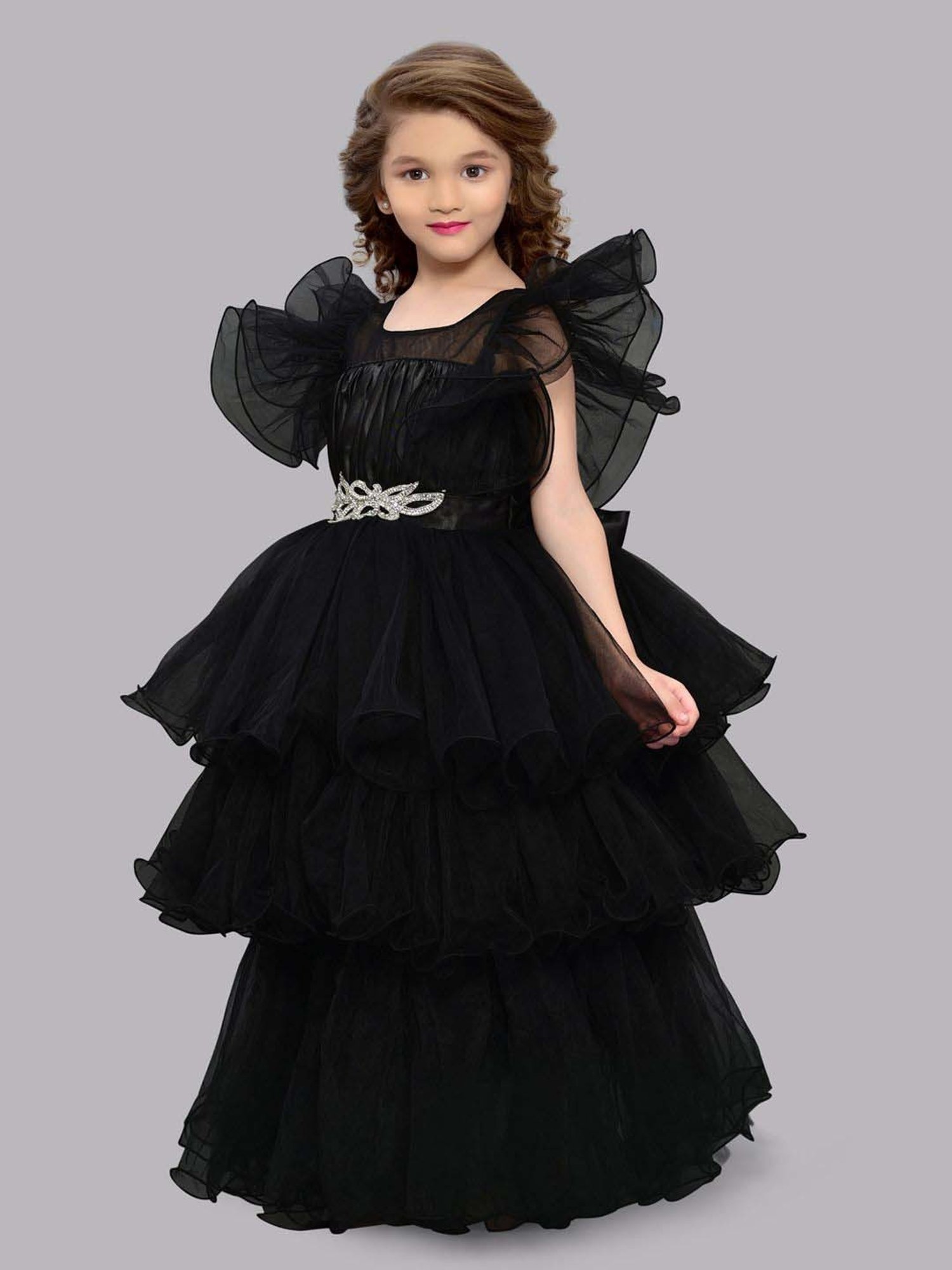Pink Chick Kids Black Solid Party Gowns