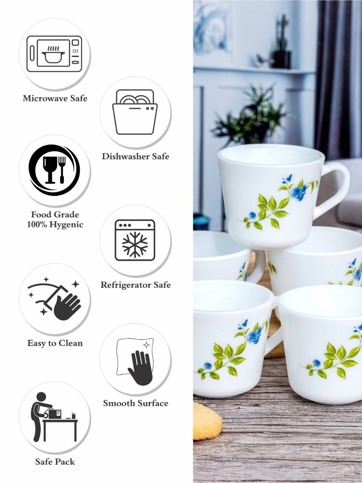 Cello White Opalware Tea & Coffee Mug - Set of 6