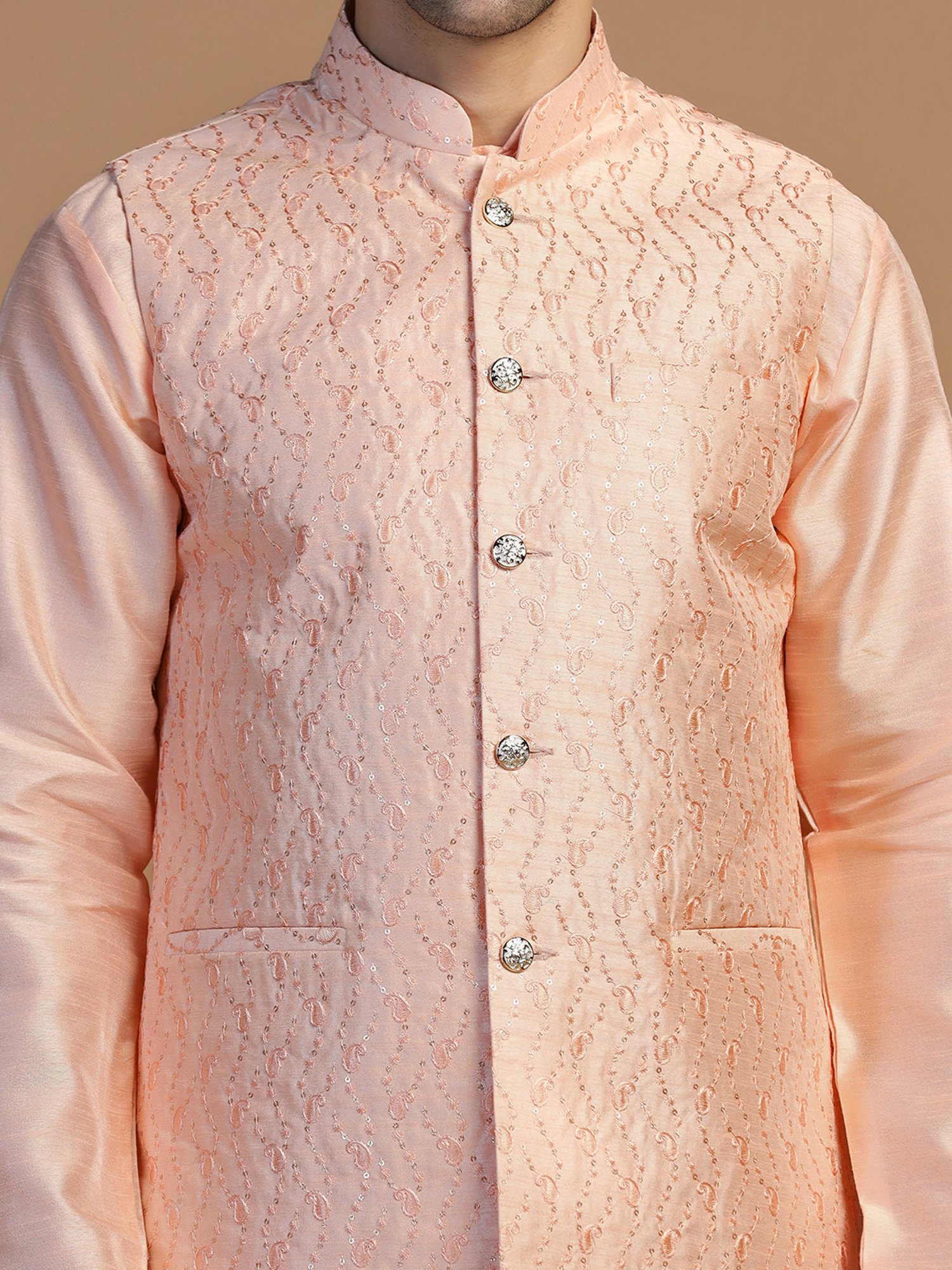 TAHVO Peach Regular Fit Embroidered Nehru Jacket