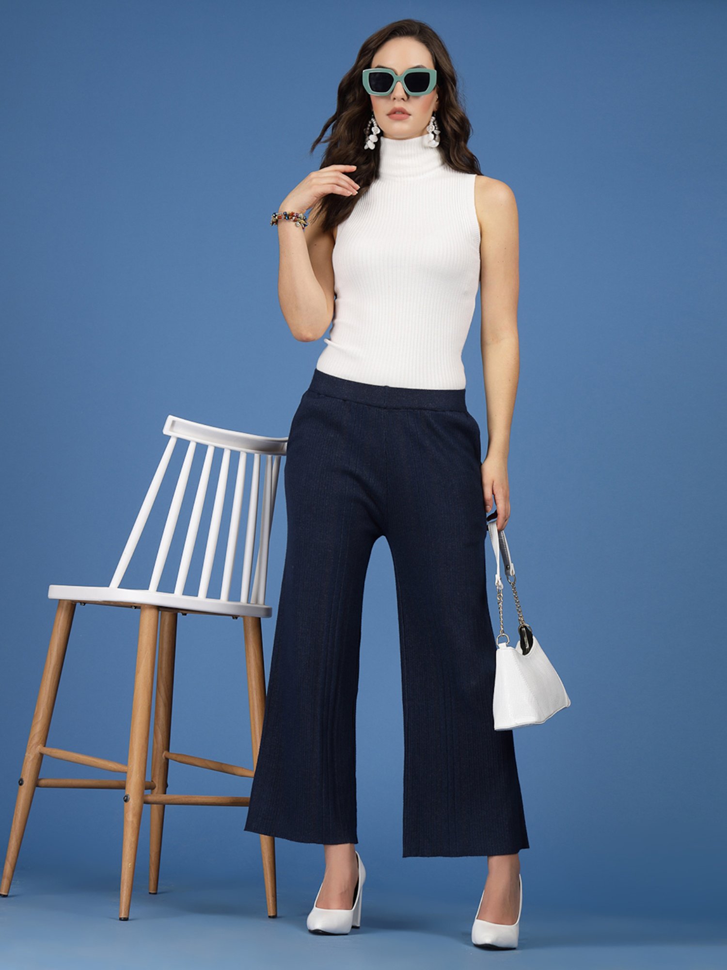 Mafadeny Teal Regular Fit Mid Rise Palazzos