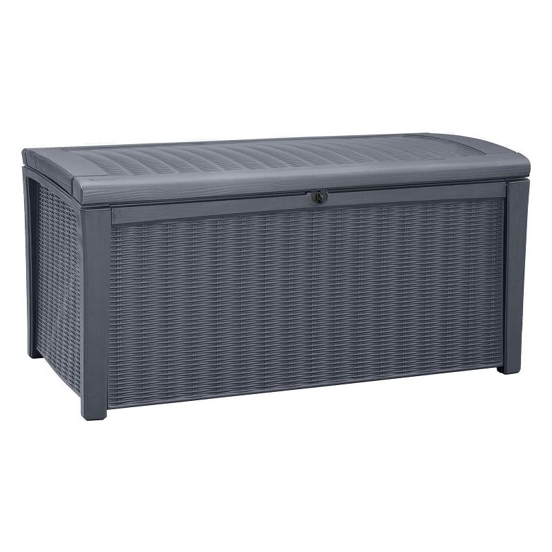 Keter Borneo Outdoor Resin Deck Storage Box Bin Organizer for Patio Furniture, Cushions, and Pool Toys with Wicker/Rattan Design, 110 Gallon, Grey