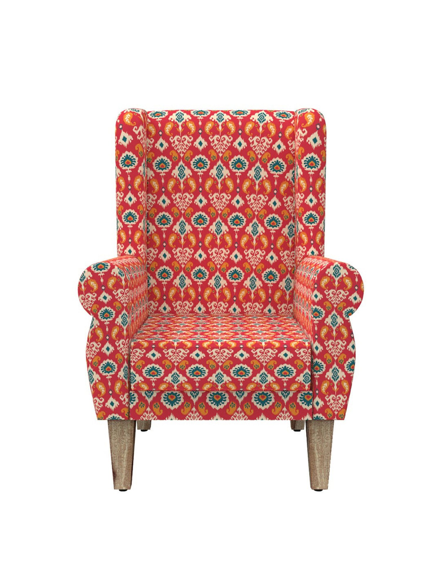 Chumbak Ikat Red Sheesham Wood Begum Wing Chair