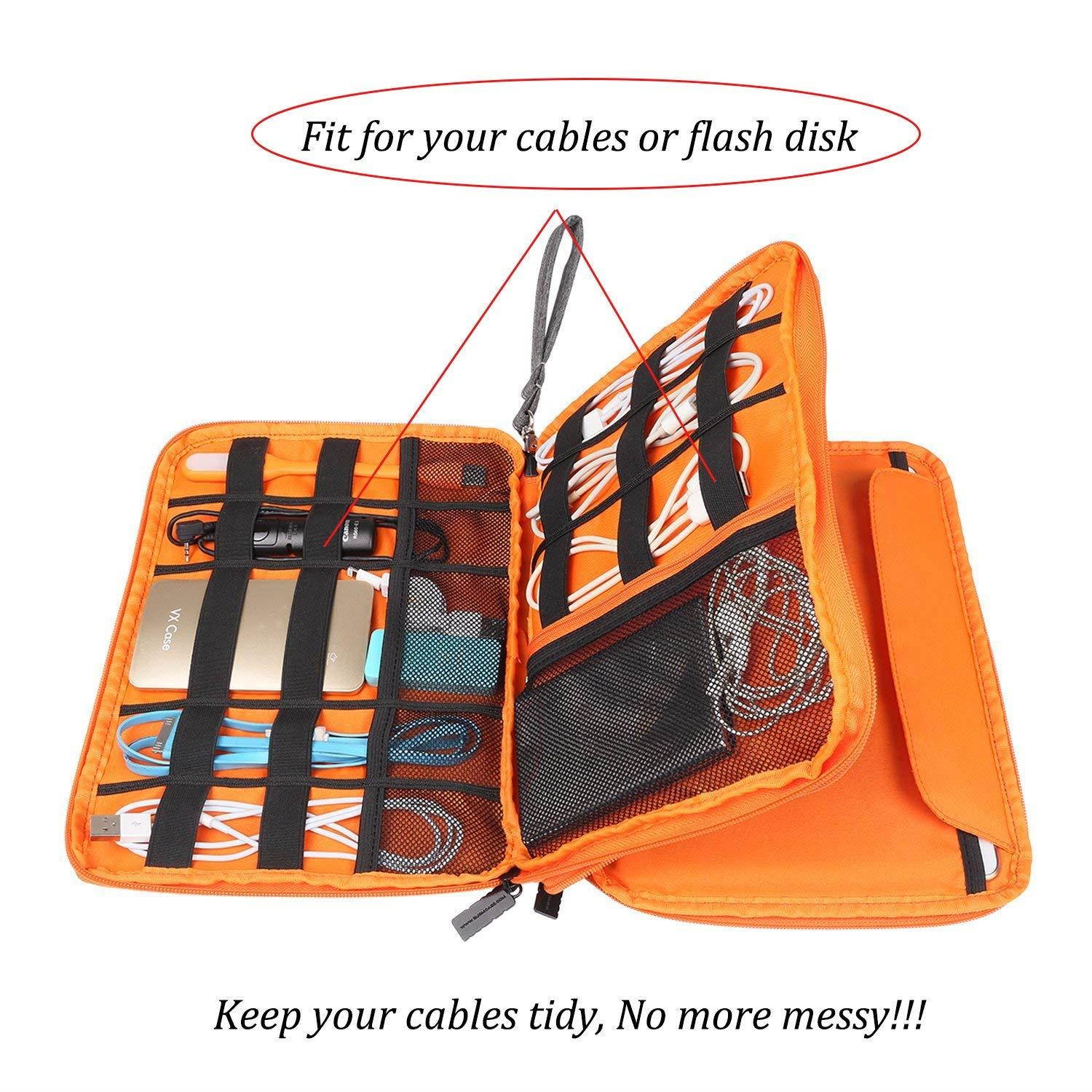 BUBM Travel Cable Organizer, Universal Electronic Accessories Bag Gear Storage for Cord, USB Flash Drive, Earphone and More, Perfect Size for iPad (Large, Grey and Orange)