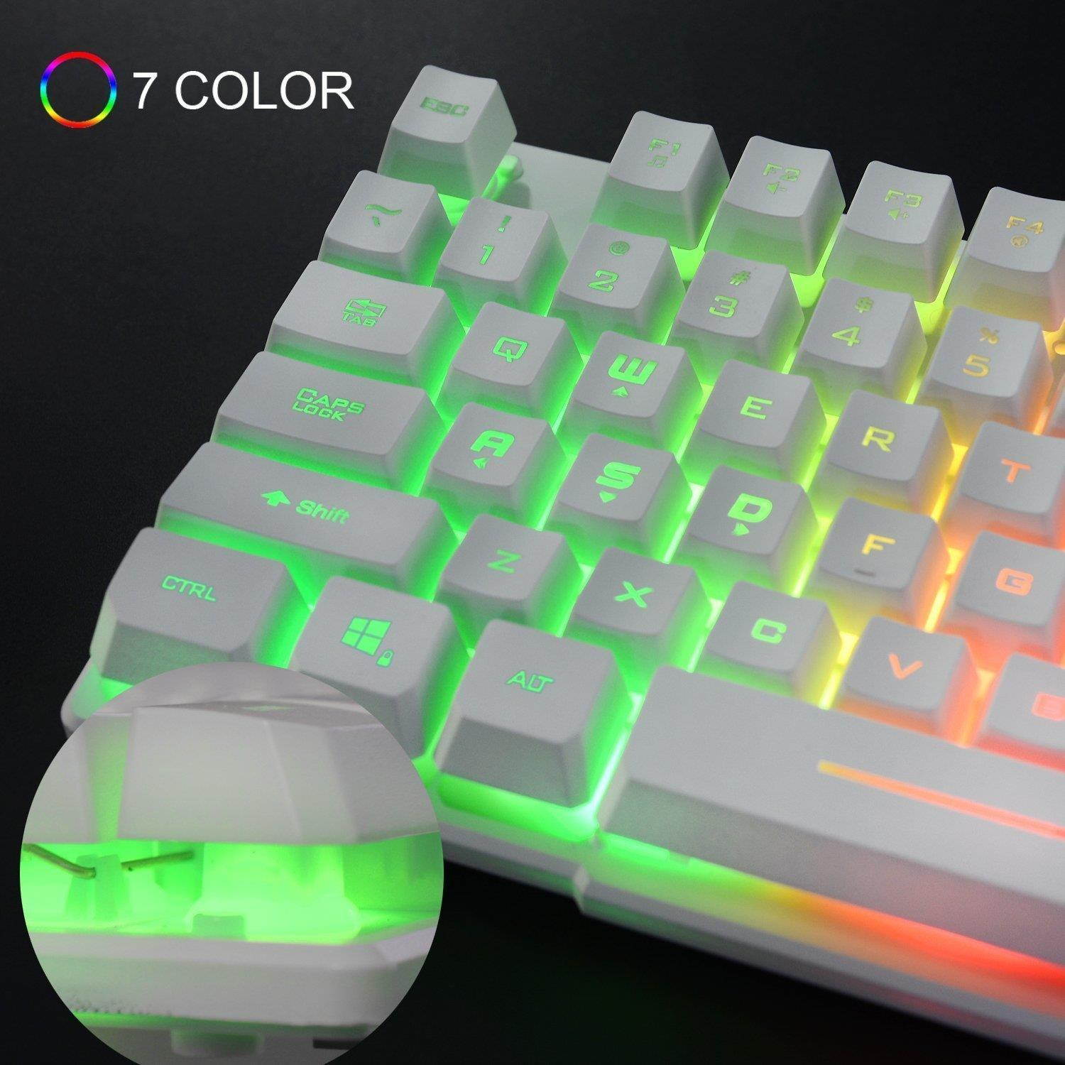 Rii RK100+ Multiple Colors Rainbow LED Backlit Large Size Mechanical Feeling USB Wired Multimedia Keyboard,White