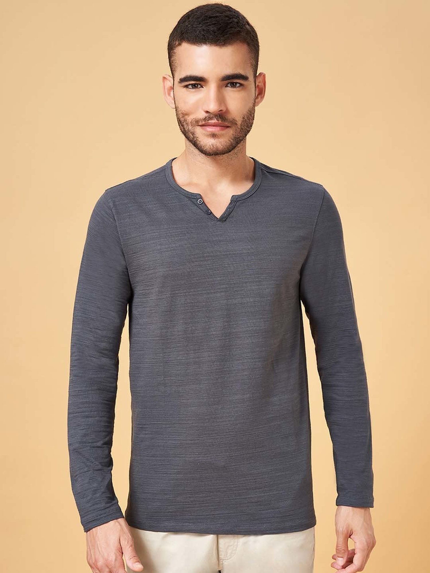 Urban Ranger by Pantaloons Dark Grey Slim Fit Henley T-Shirts