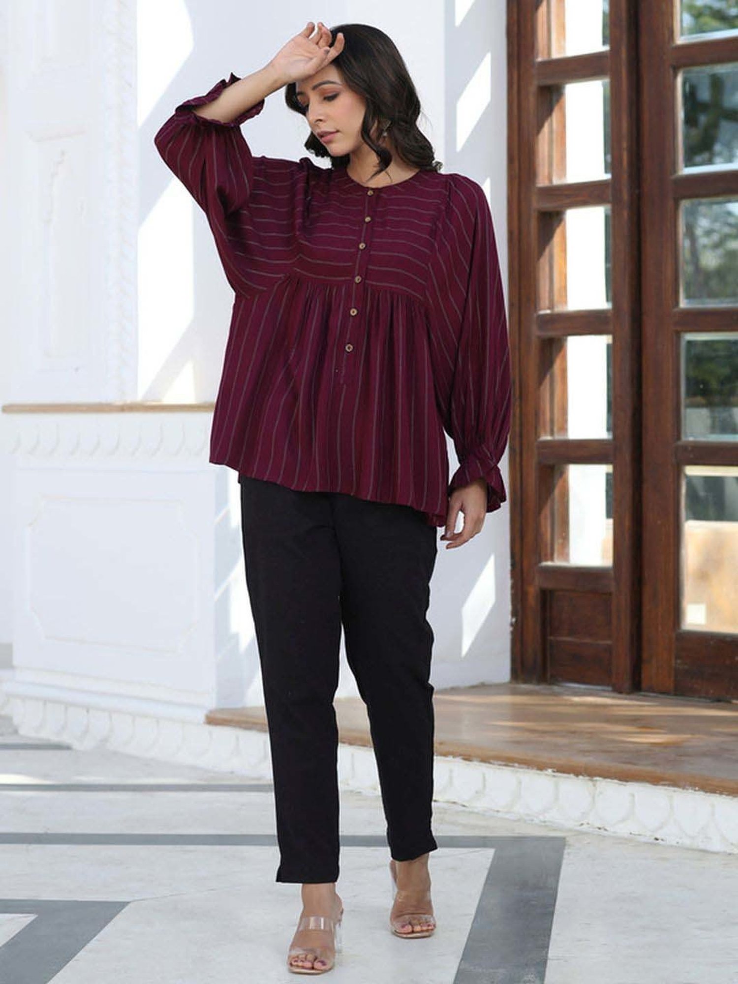 Jaipur Kurti Maroon Striped Tunic