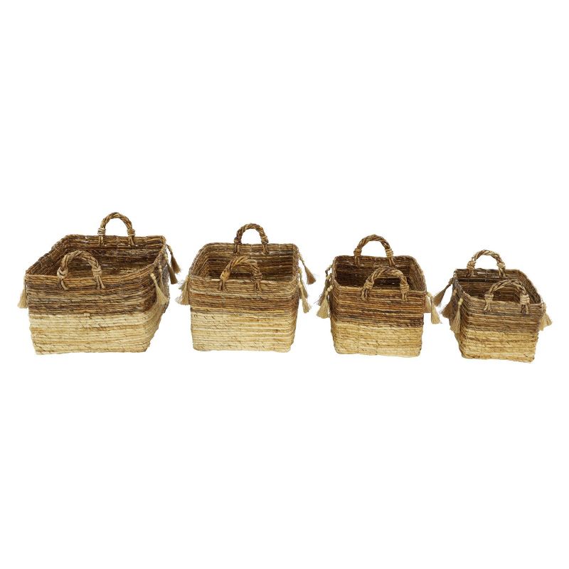 4pk Large Rectangle Banana Leaf  Baskets with Wood Beads & Tassels Brown & Beige