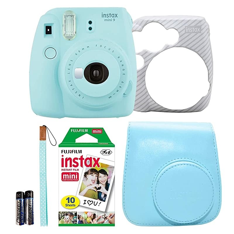 Instax Mini 9 Instant Film Camera + 20 Sheets of Instant Film + Lens Cleaning Cloth + Close-Up Selfie Lens + Wrist Strap | Batteries Included - Pink