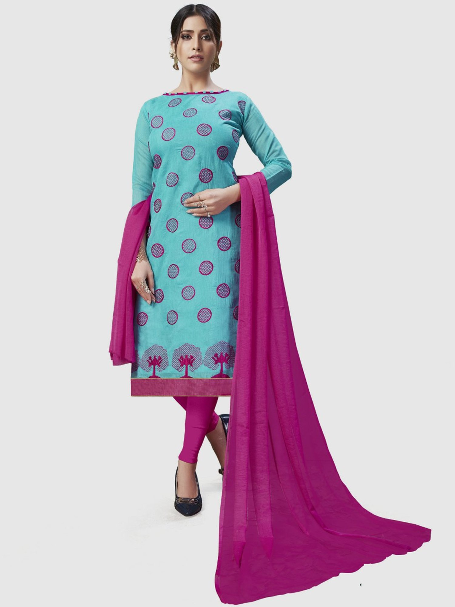APNISHA Blue & Pink Embroidered Unstitched Dress Material