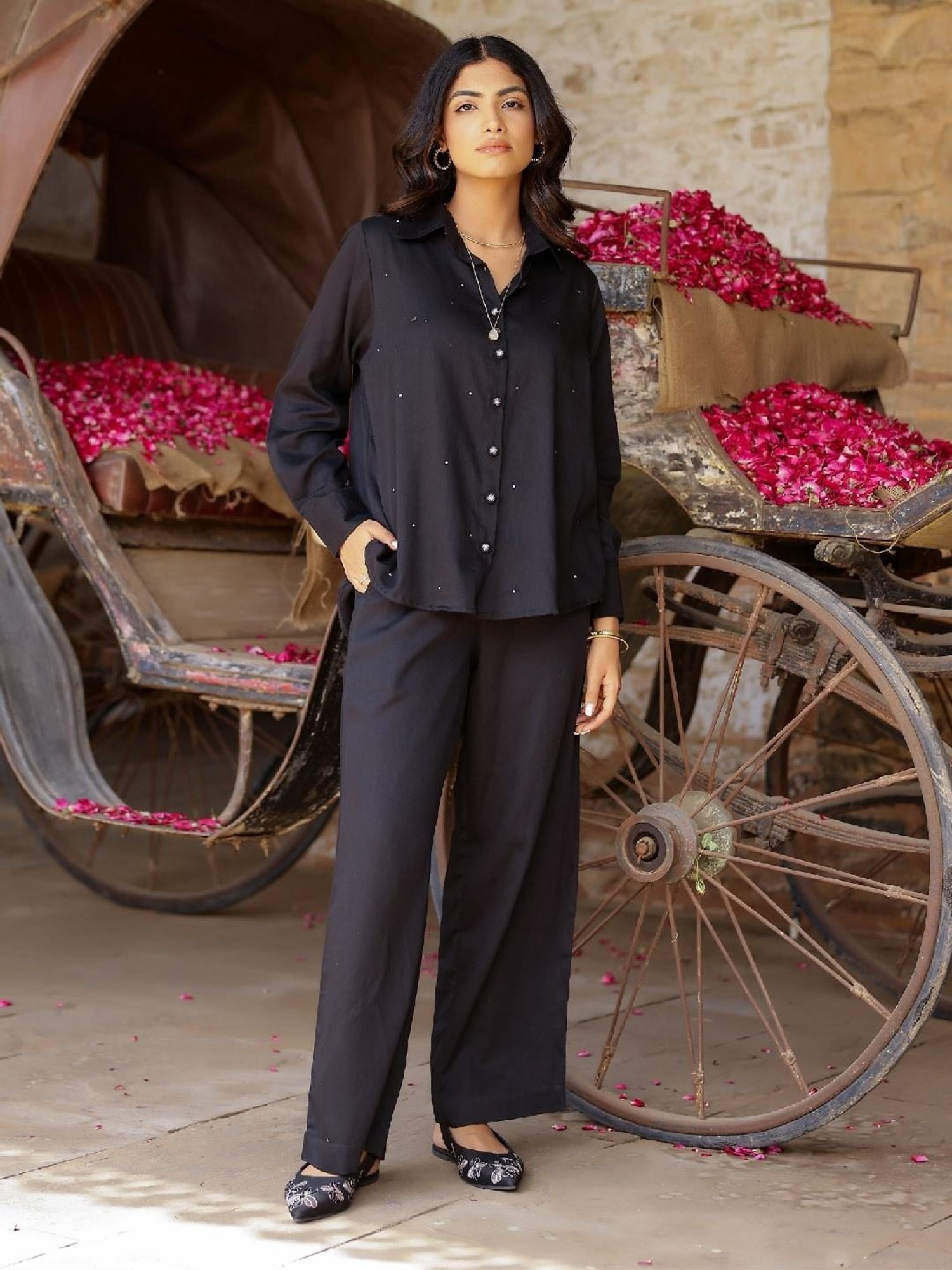 Gulaal Black Hand Embroidered Evil Eye Shirt with Pant Co-ord Set